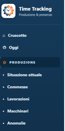 Menu reale dell'applicativo Time Tracking